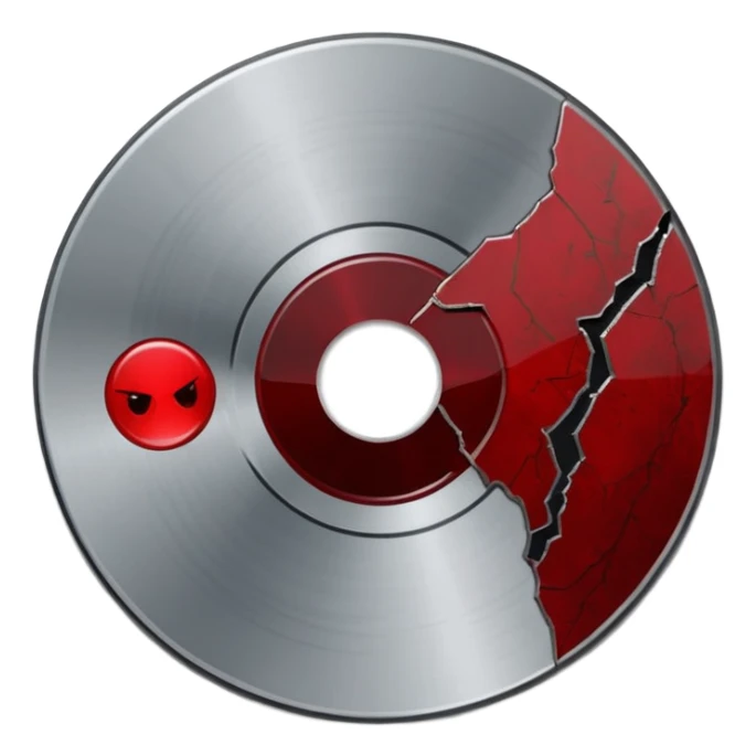 Minimalist emoji-style sticker of a single CD with a sharp crack and a dried blood spot. View from above, black, gray, and muted red.
 sticker