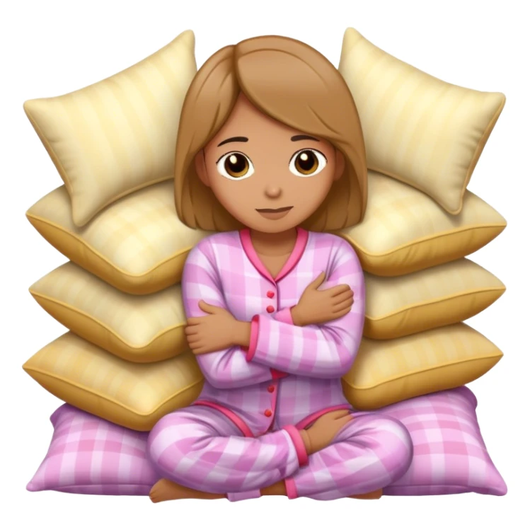 Mujer en pijama abrazandose con almohadas alrededor sticker