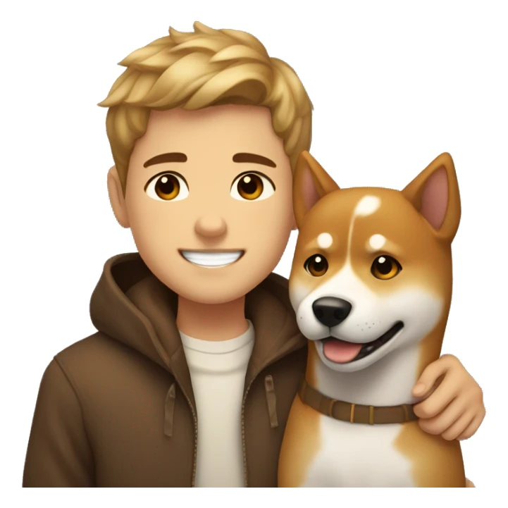brown hairs boy with brown eyes and wide brows 12 years smiling and hugging with dog shiba inu  sticker