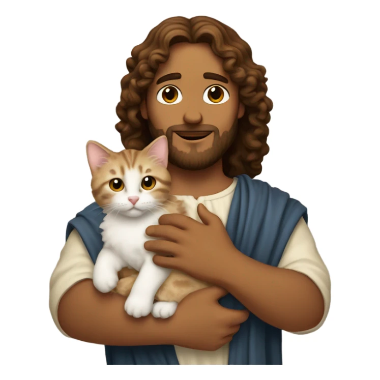 (Jesus Christ with curly hair) holding a kitten sticker