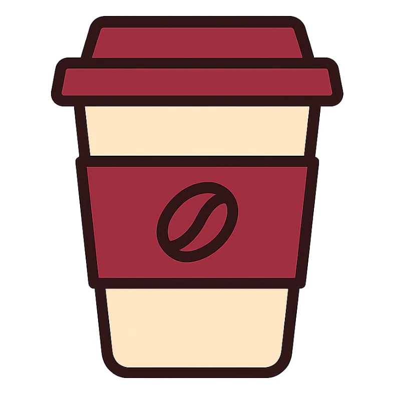 A takeaway coffee cup emoji with a burgundy and cream color theme sticker