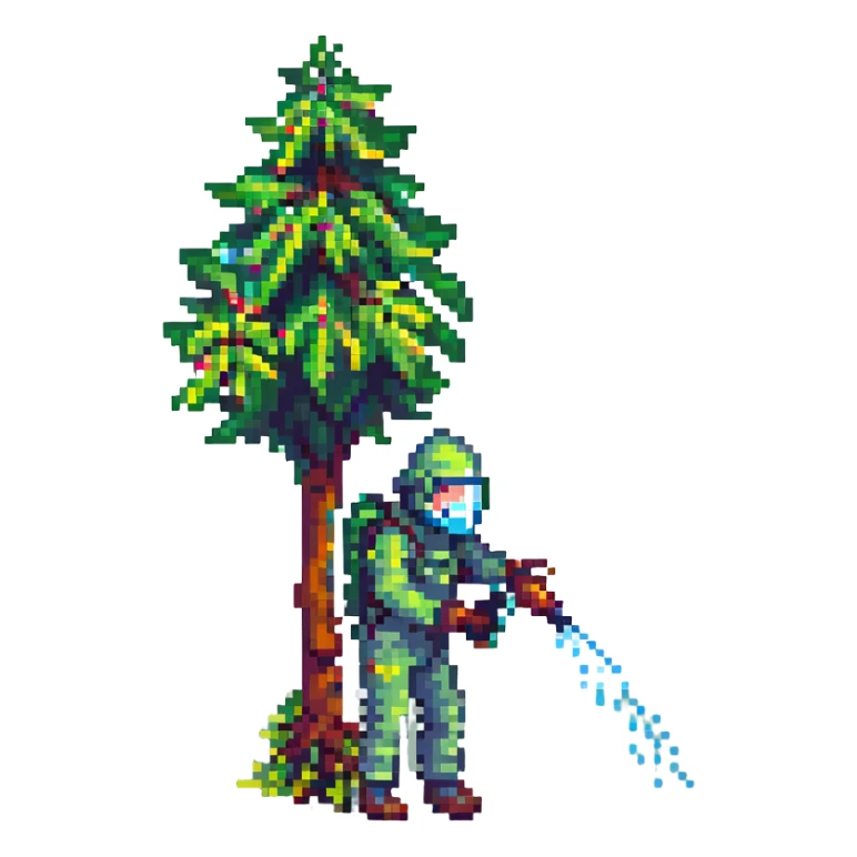 A gardener in protective suit and mask spraying a tree with a sprayer, performing chemical pest control. Bright green garden with trees, visible spray droplets, atmosphere of professional plant protection and garden care sticker