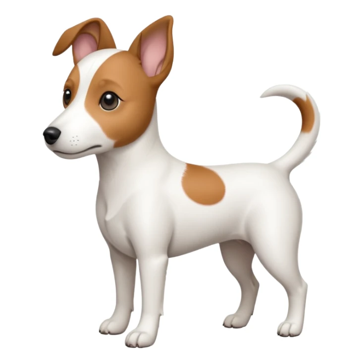 a fully white jack russell the size of a kelpie with floppy ears and a half white face sticker