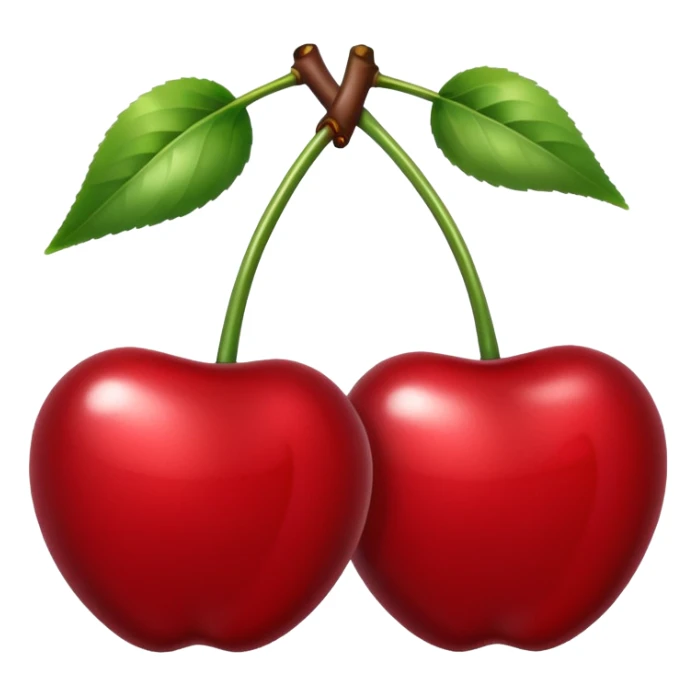 A pair of cherries emoji made of polished silver chrome, smooth rounded shapes, glossy metallic finish, soft highlights and reflections, cute proportions, iOS emoji style, centered, clean white background, no text sticker