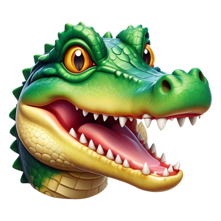 Cinematic Realistic Comical Crocodile Portrait Emoji, Head tilted dramatically with an exaggeratedly amused expression, featuring a striking, glossy scaly hide with bold textures and wide, expressive eyes full of playful disbelief, rendered with vivid natural hues and lifelike detail, high shine, dramatic yet playful, styled with an air of cheeky aquatic mischief, soft glowing outline, capturing the essence of a spirited and over‐the‐top crocodile that looks ready to snap its jaws in a burst of viral wild humor! sticker