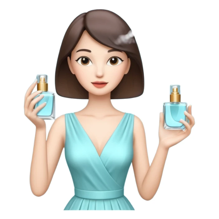 stylish woman spraying perfume, holding a perfume bottle, soft mist spray in the air, elegant pose, 3D cartoon, mobile game icon style, clean background, no text, no watermark

 sticker