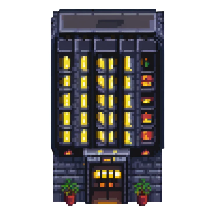skyscraper hotel with lit windows and entrance sticker