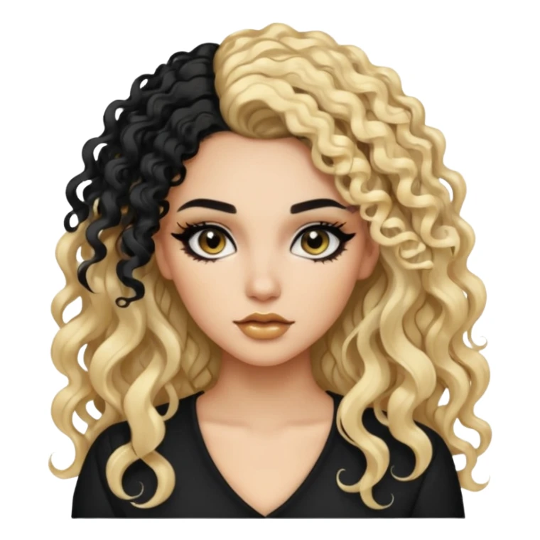 split dye leftside blonde rightside black long and curly hair, baddie, pretty makeup, black eyeliner, long and curly hair sticker