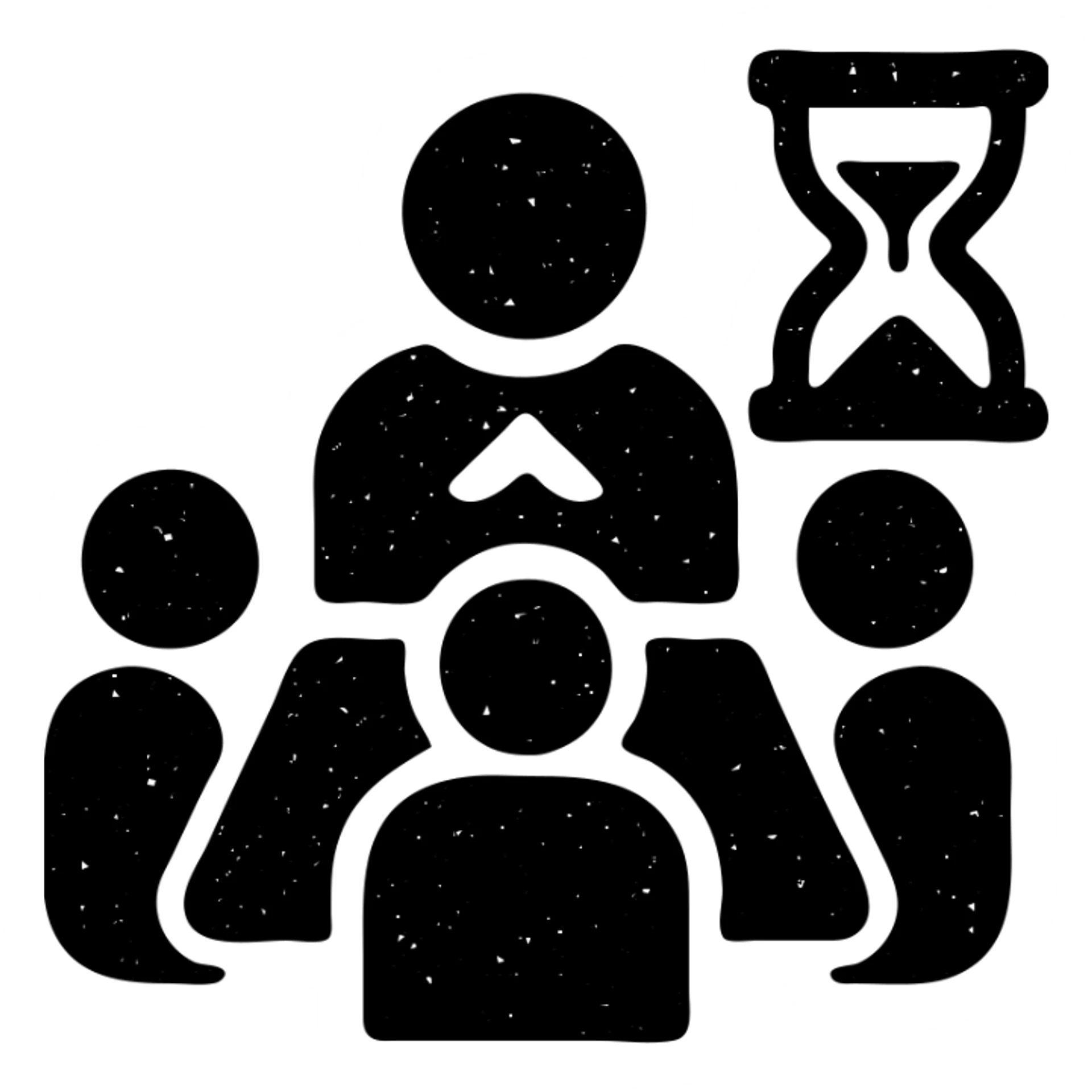 minimalist solid icon of players and a game master collaborating, with a clock or hourglass representing a multi-day marathon, worn and distressed effect sticker