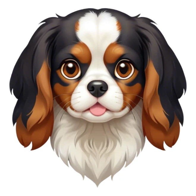 Cinematic Cute Tri-Colour Cavalier King Charles Spaniel Portrait Emoji, Head tilted playfully and inquisitively, silky tri-colour fur with vibrant black, crisp white, and warm tan patches, round, sparkling brown eyes filled with curiosity, Simplified yet irresistibly adorable features, highly detailed, glowing with a warm, friendly glow, high shine, affectionate and lively, stylized with a touch of whimsy, bright and endearing, soft glowing outline, capturing the essence of a mischievous yet loving pup, so playful it feels like it could pounce out of the screen and into your arms! sticker
