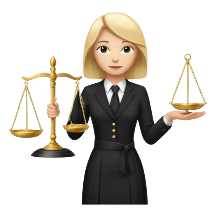woman lawyer blanche et blonde avec des cheveux mi-long; elle est habillée avec une longue robe noire et une cravate blanche; elle porte la justice sticker