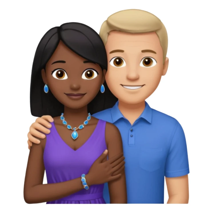 smiling embracing interracial couple. man is tan and has short brown straight hair he is wearing blue. woman has very dark black skin and long dark black hair. she is wearing purple and has matching blue jewelry on sticker
