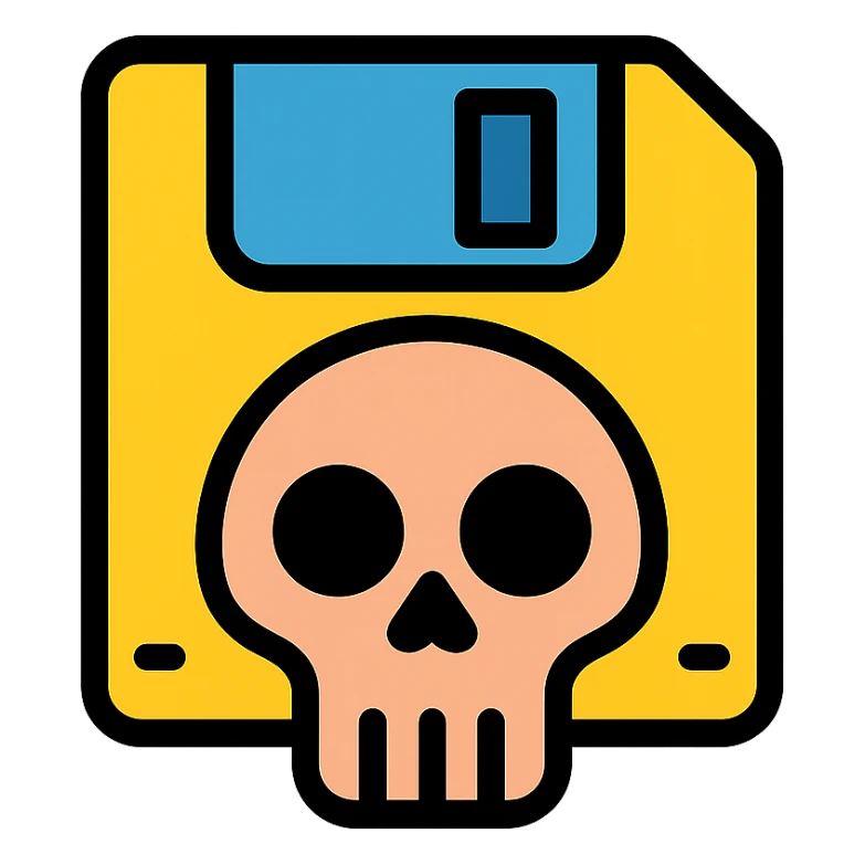 floppy disc shaped like a skull, color outline icon sticker