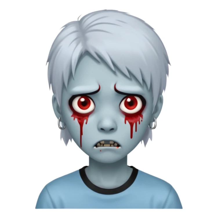 Create a 3D emoji-style avatar with very pale blue-grey zombie skin like the reference image, a young Asian face, and large eyes with blood tears. Give it white mullet-style hair, silver hoop earrings, and a plain black T-shirt. The face expression should be slightly angry sticker