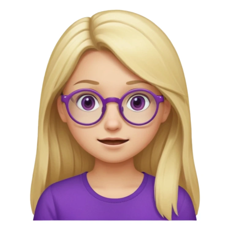 una chica rubia con el pelo largo, gafas redondas, vestida con un top morado, y con diferentes expresiones sticker