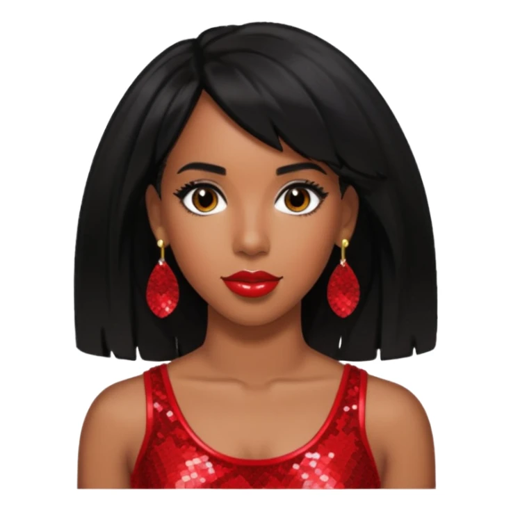 Kelly Rowland with black hair, red sequin crop top, red earring sticker