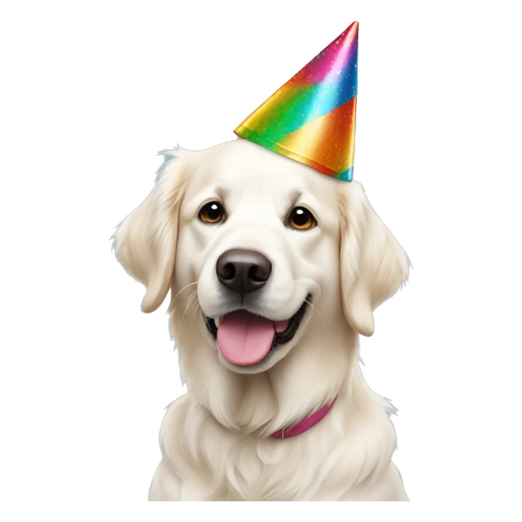 White golden retriever wearing multicolor party hat sticker