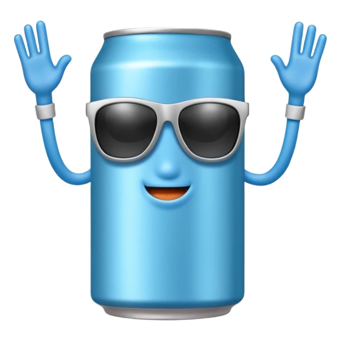 A soda can with a light blue color, with legs, arms, and a face. It can be seen wearing sunglasses sticker