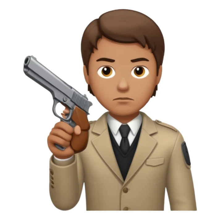 White guy with brown hair holding a hand gun like a cop would sticker
