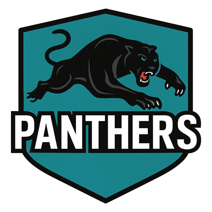 Penrith Panthers emblem, shield shape, stylized panther, black and teal color scheme, dynamic sports logo sticker