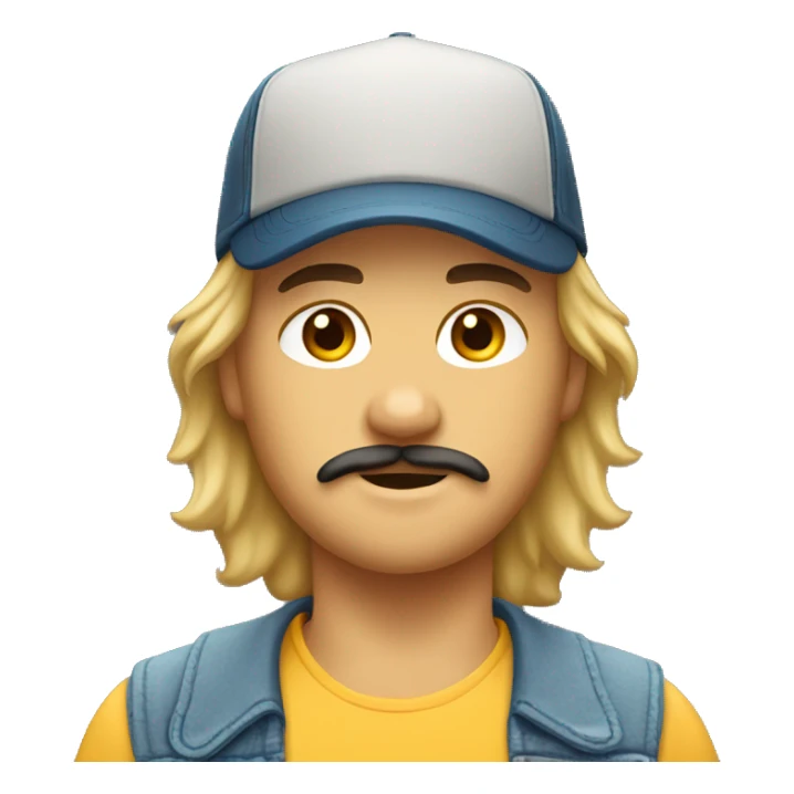 boy with mustache, chin hair, mullet, and trucker hat sticker