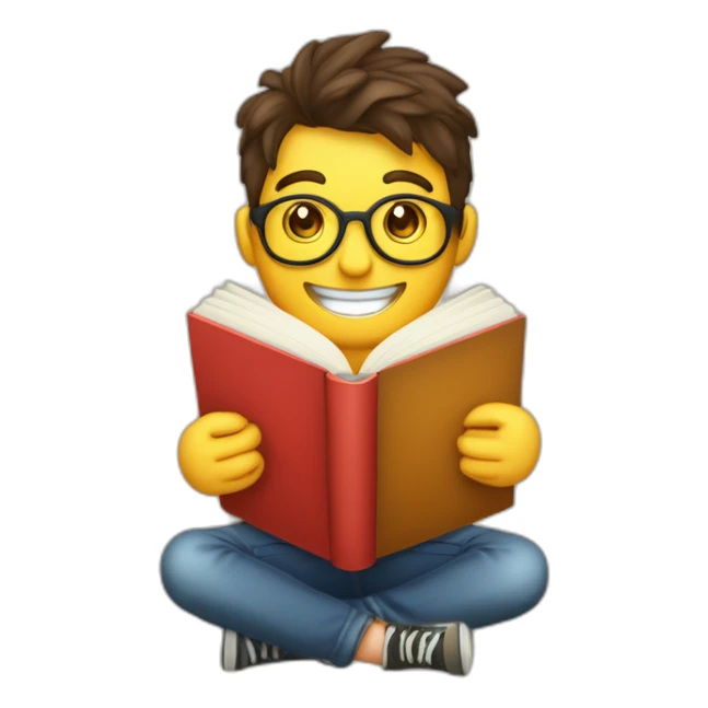 joven estudiante atiborrado de libros, sonriente y muy feliz con un libro en sus manos y en su cabeza sticker