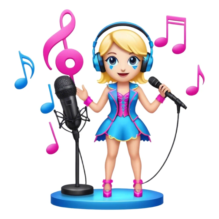 Create a vibrant and energetic emoji that represents pop or stage vocal performance. The design should feature a microphone on a stand, musical notes, and an illuminated stage or spotlight to symbolize the live performance aspect. Add an elegant stage costume, such as a suit or glamorous outfit, to emphasize the theatrical side of pop singing. Include elements like studio headphones, a music mixer, or a soundboard to reflect the modern, studio-based nature of pop vocal performance. Use bright colors like neon pink, electric blue, and gold to convey energy, creativity, and the glamour of the stage. The background should be transparent. sticker