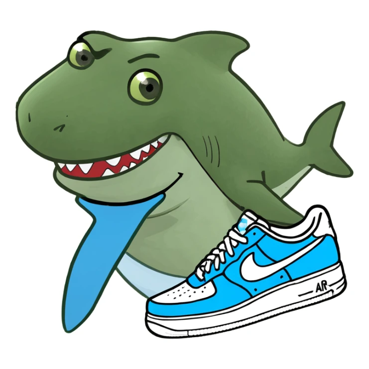 Shark standing on its feet wearing light blue Air Force one￼ sticker