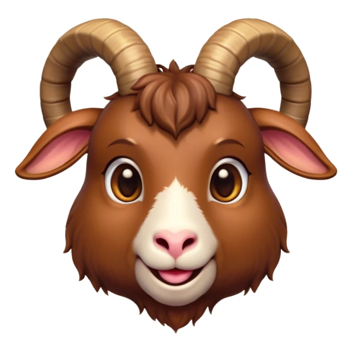 Cinematic Cute Brown Goat Portrait Emoji, Head tilted playfully and inquisitively, featuring a glossy, rich brown fur with charming curved horns, round, sparkling eyes filled with gentle curiosity, Simplified yet irresistibly adorable features, highly detailed, glowing with a warm, friendly glow, high shine, affectionate and lively, stylized with a touch of rustic whimsy, bright and endearing, soft glowing outline, capturing the essence of a mischievous yet loving goat, so playful it feels like it could trot out of the screen and into your arms! sticker