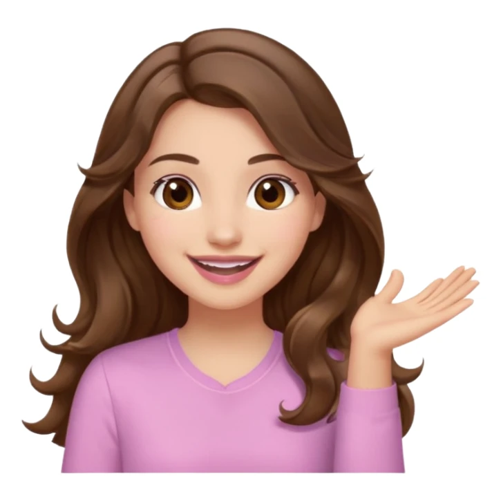 girl with wavy long brown hair, brown eyes, light to medium complexion, long lashes, light pink lipstick, smiling, wearing light pink shirt, clapping sticker