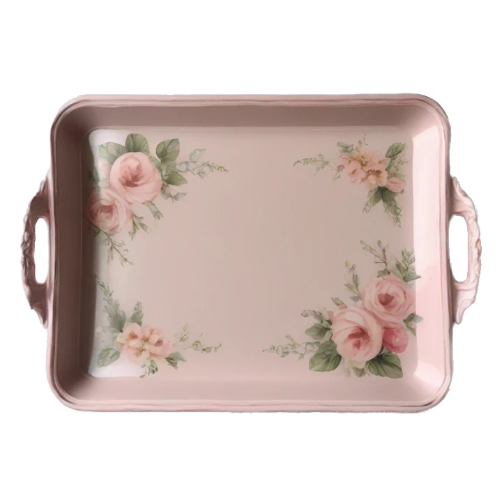 Light pink glass serving tray with handles, shabby chic style with floral print sticker