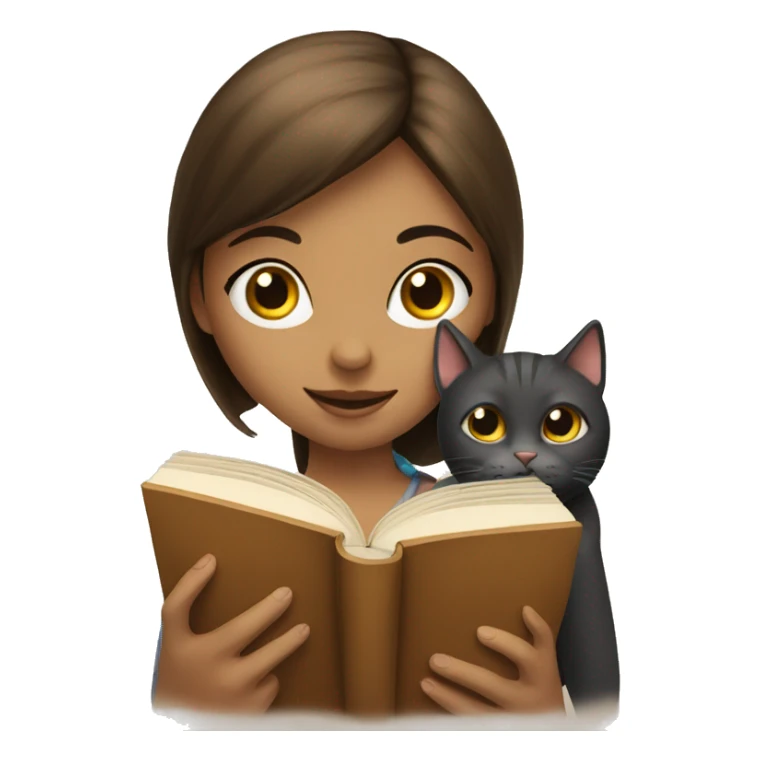 a girl reading a book and a cat sticker