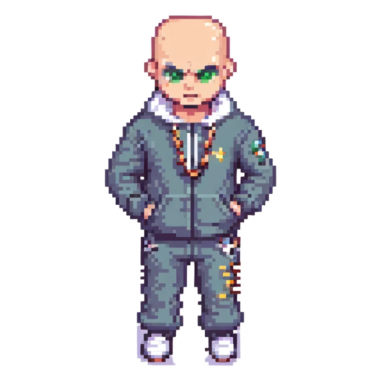 Pixel art thug in tracksuit, holding chain in Hand, bald head, angry expression, side view, retro arcade sprite
 sticker