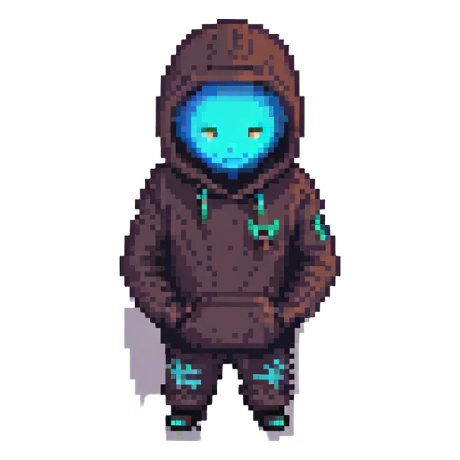 Pixelated hacker figure with hoodie and glowing eyes sticker