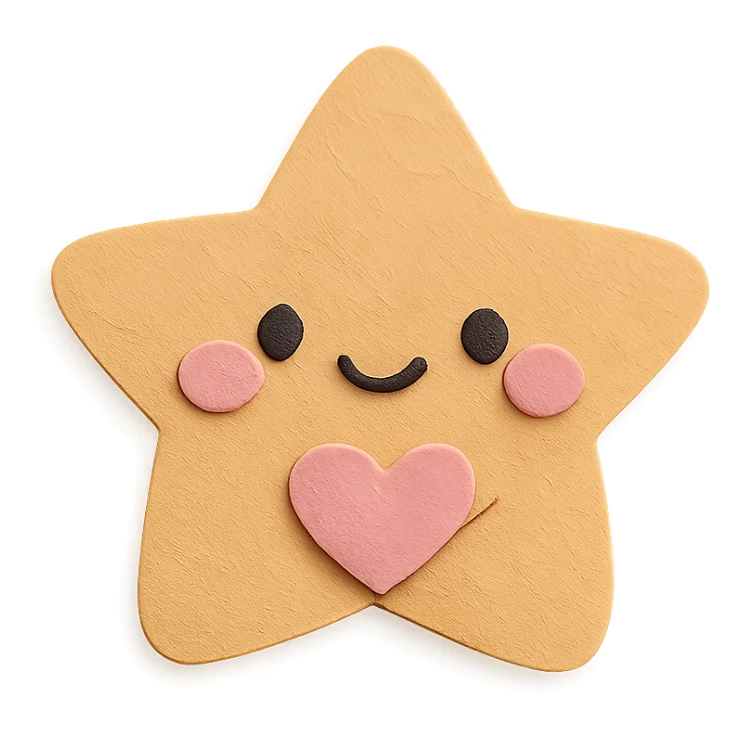 Adorable pastel brown star holding a tiny pastel heart, no arms or legs, full body, transparent background, kawaii paper craft style. sticker