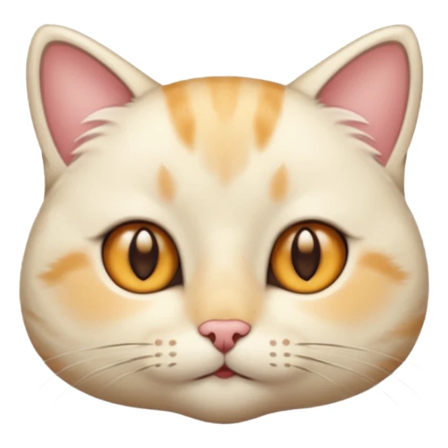 Cream cat face with short hairs, brown eyes and a neck sticker