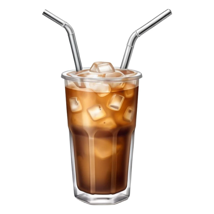a glass of iced coffee with a metal straw sticker