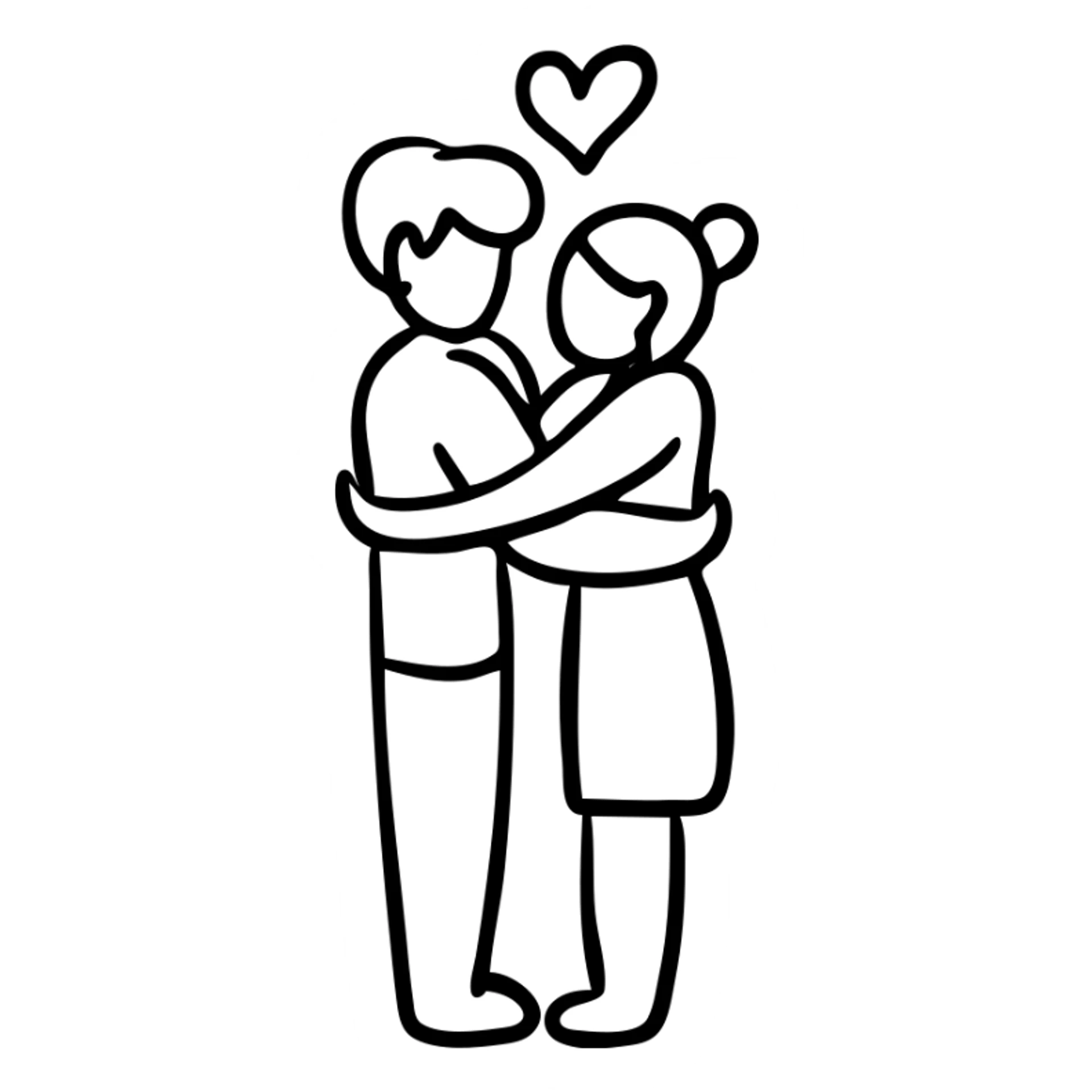 Hand drawn sketch of two people hugging with a heart, "Iubind pe cineva" sticker