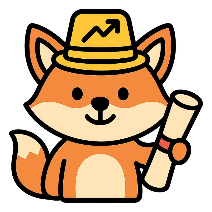 An icon of a smiling fox with a marketing hat, holding a diploma, representing clever marketing. sticker