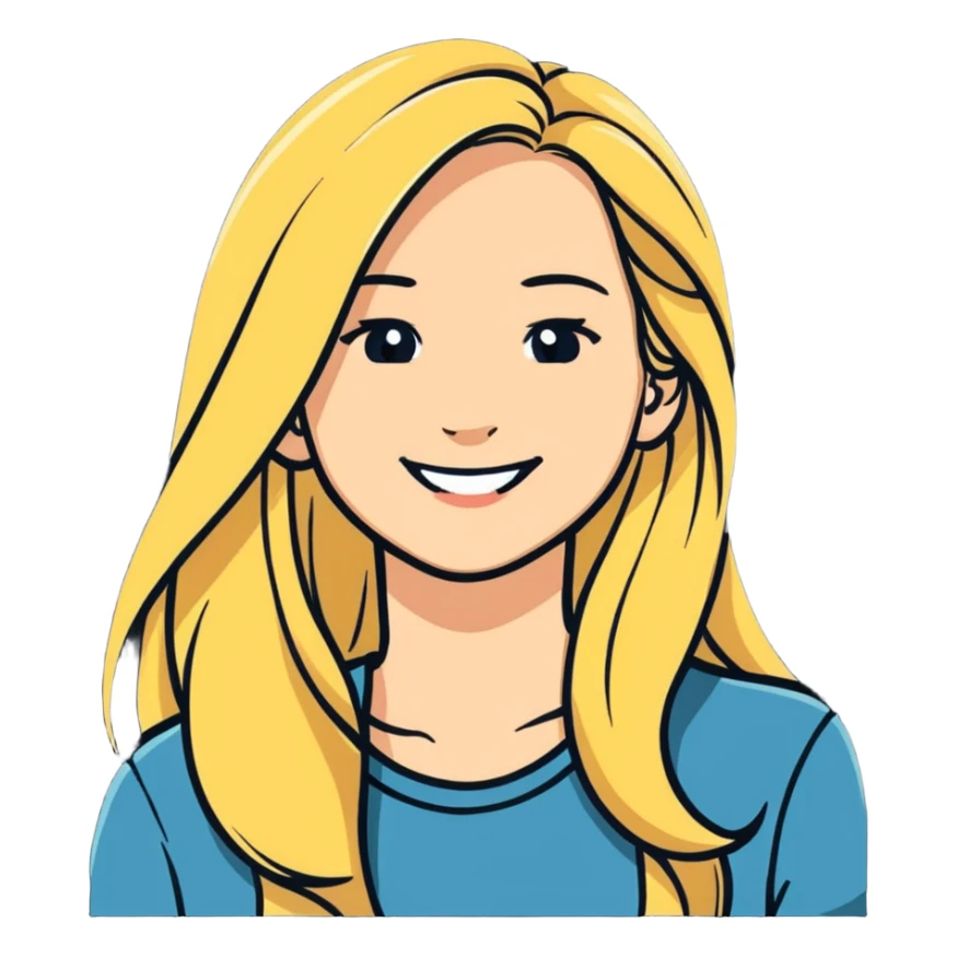 woman with long blonde hair, smiling, head tilted slightly, sticker style sticker