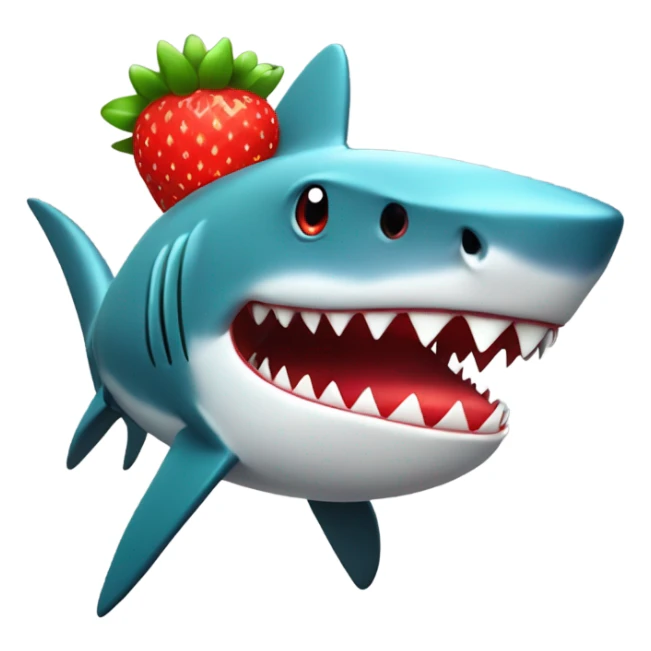 A shark that has skin of a strawberry with strawberry leafs as a hat sticker