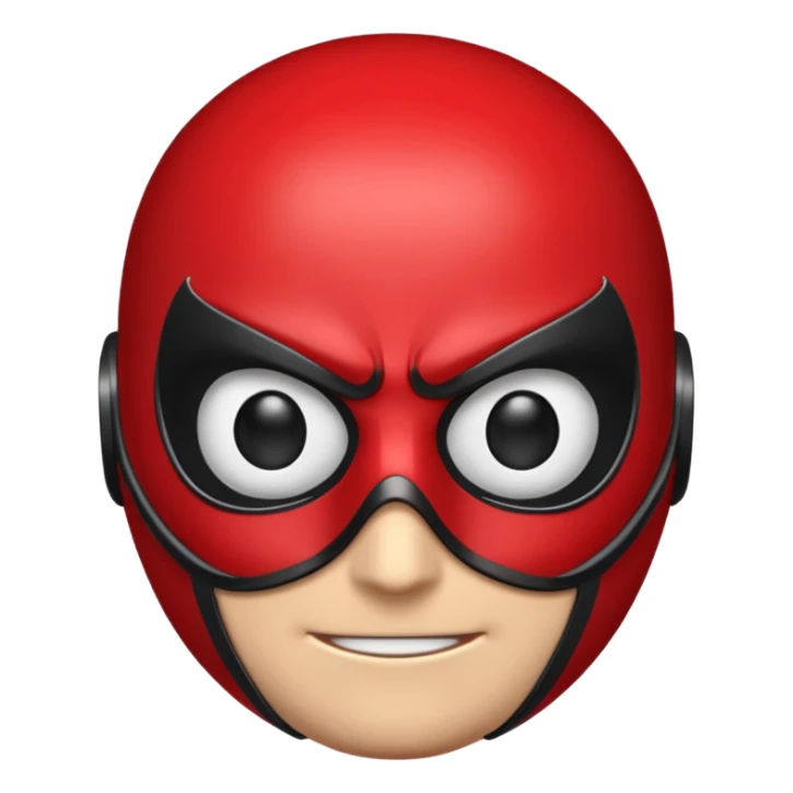 A high-gloss 3D emoji-style mask inspired by a superhero design. Smooth rounded head shape with expressive large eyes. Primary color: matte black. Secondary color: bright red web-pattern lines across the mask. Clean, shiny, cartoony finish, symmetrical design, crisp outlines sticker