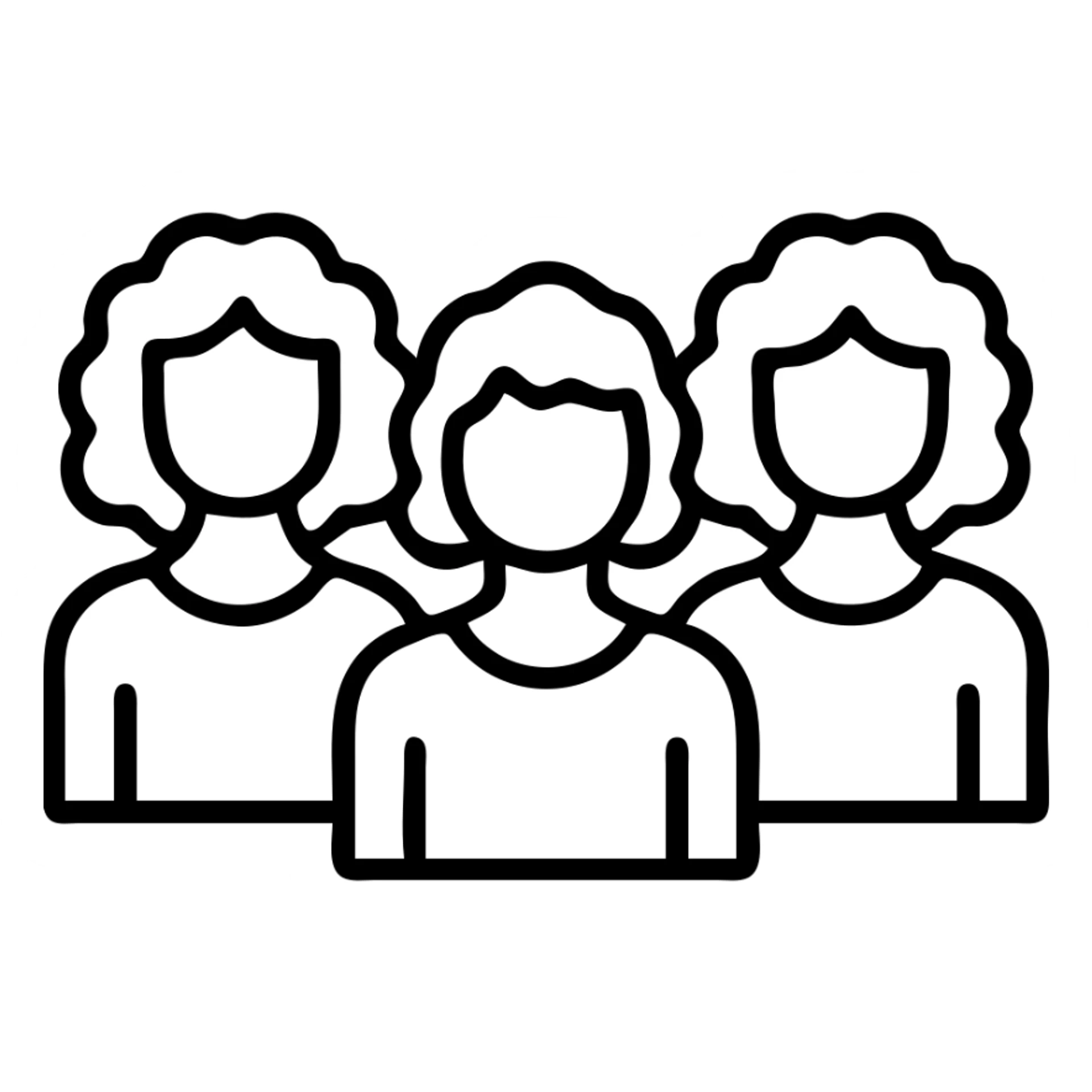 Three women with curly hair standing together, two with shoulder-length black curly hair and one with short black curly hair sticker