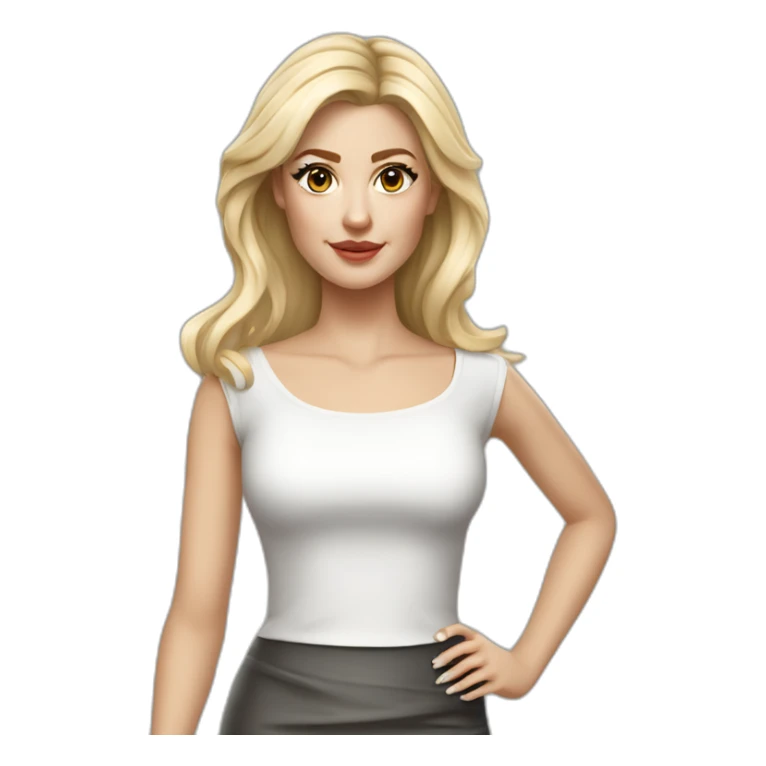 hyperrealistic caucasian long blonde brown eyes woman white top gray tight mini skirt black high heels sticker