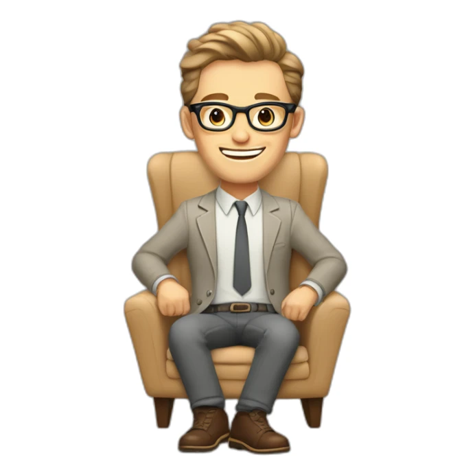 Joyful thrumbs up Pale skinned Fit Man With dark brown hair in gray jacket, beige office shirt, Brown pants and vintage glasses sitting In a soft chair sticker