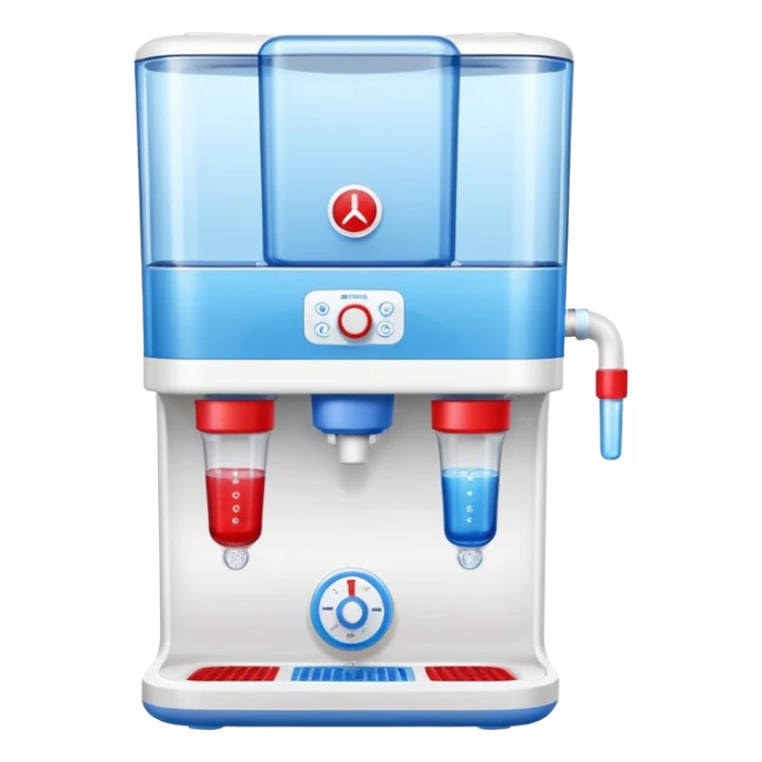 “Flat icon of a dual-temperature water purifier with red and blue nozzles, modern white body, clean vector style” sticker