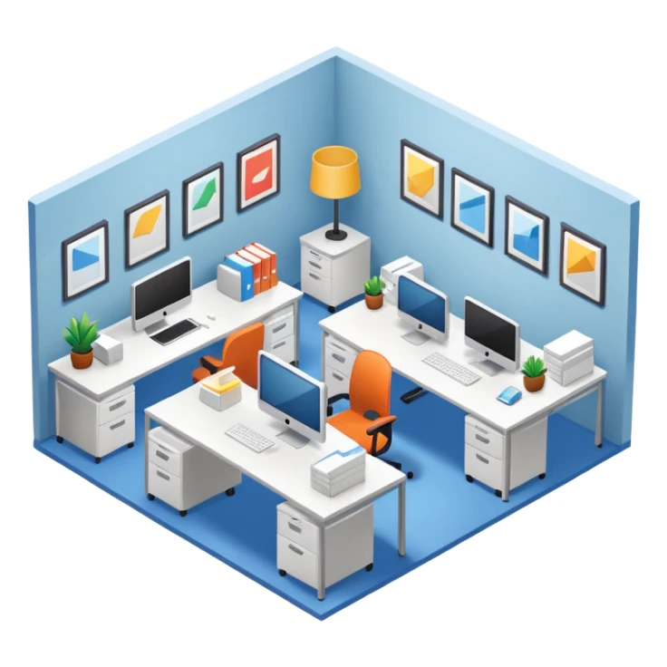 an office with several desks in an isometric style sticker