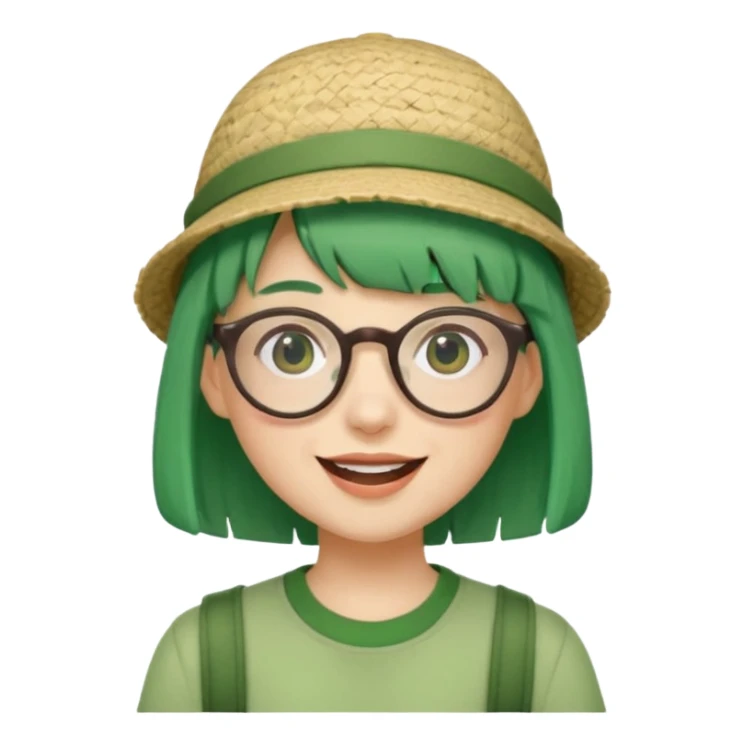 bangs, cute tourist hat, green hair very happy and glassess sticker