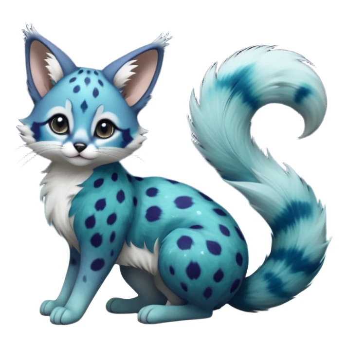 Hyper realistic  galaxy-swirl indigo-teal fur scattered with star-salt sparkle grains beautiful elegant pretty precious cute  Fakémon-Pokémon-opossum-feline-serval-caracal-chinchilla-Furret-Minccino-hybrid-creature with a big fluffy bushy tail (full body) sticker
