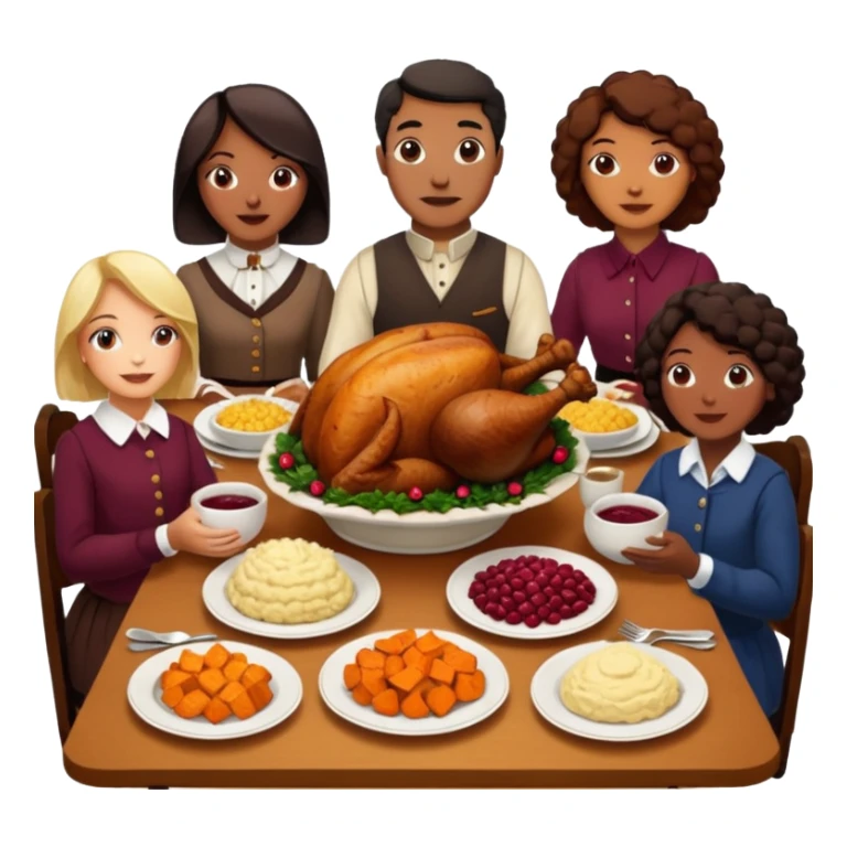 Thanksgiving Dinner with 6 friends of all different races around the table; have the food be a cooked turkey, mashed potatoes, corn, a basket of biscuits, a small bowl of cranberry sauce, baked yams, steamed vegetables, and a bottle of wine. sticker